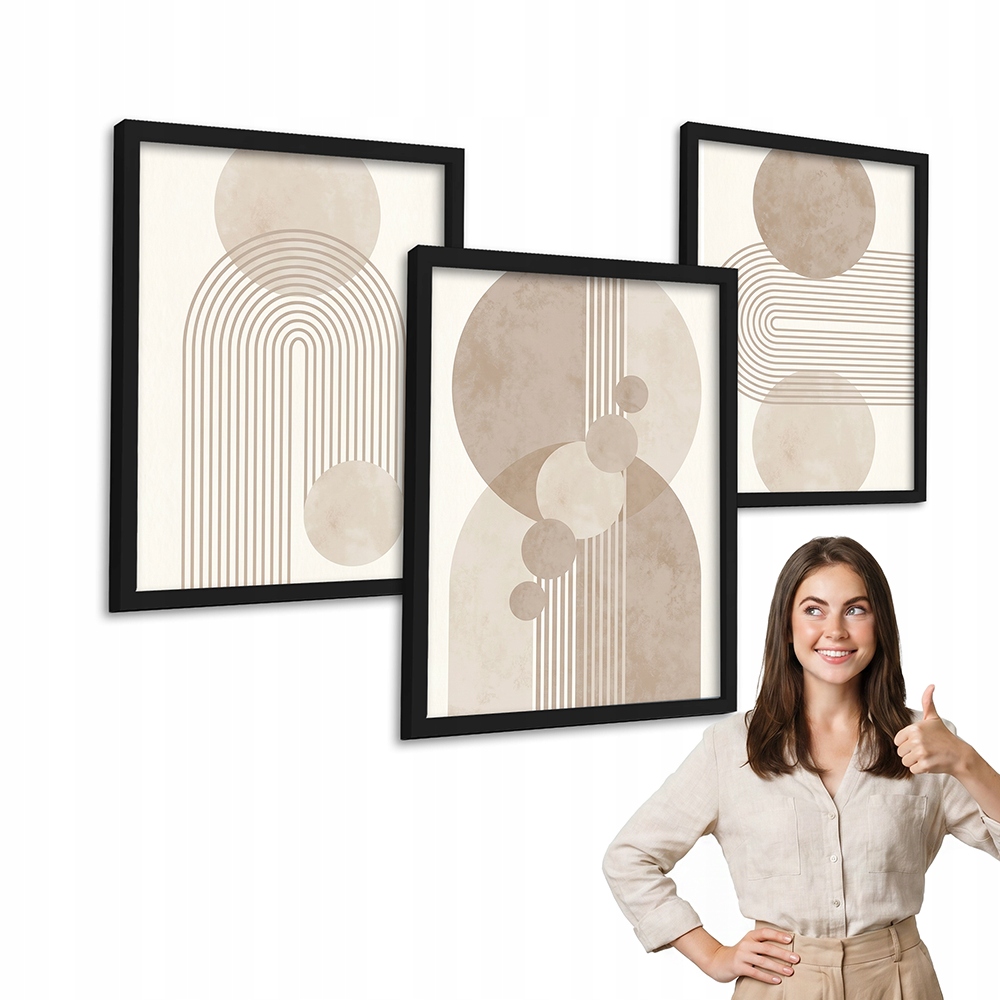 Zestaw 3 obrazów Minimalistyczne Koła czarna ramka 50x70 na ścianę