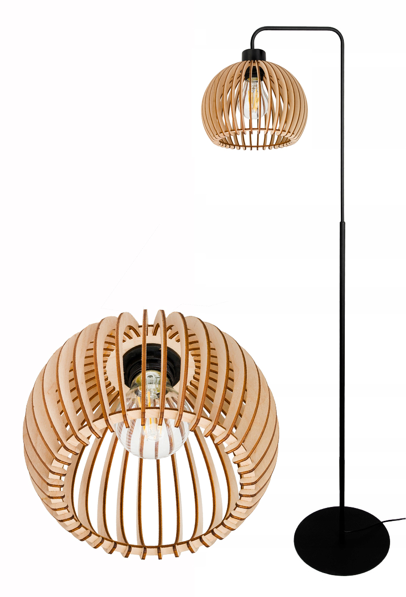 Podlahová Stojací Lampa Loftová Na Led E27 Pevná, Ohýbaná, S Krytem, Dřevo, 150 CM