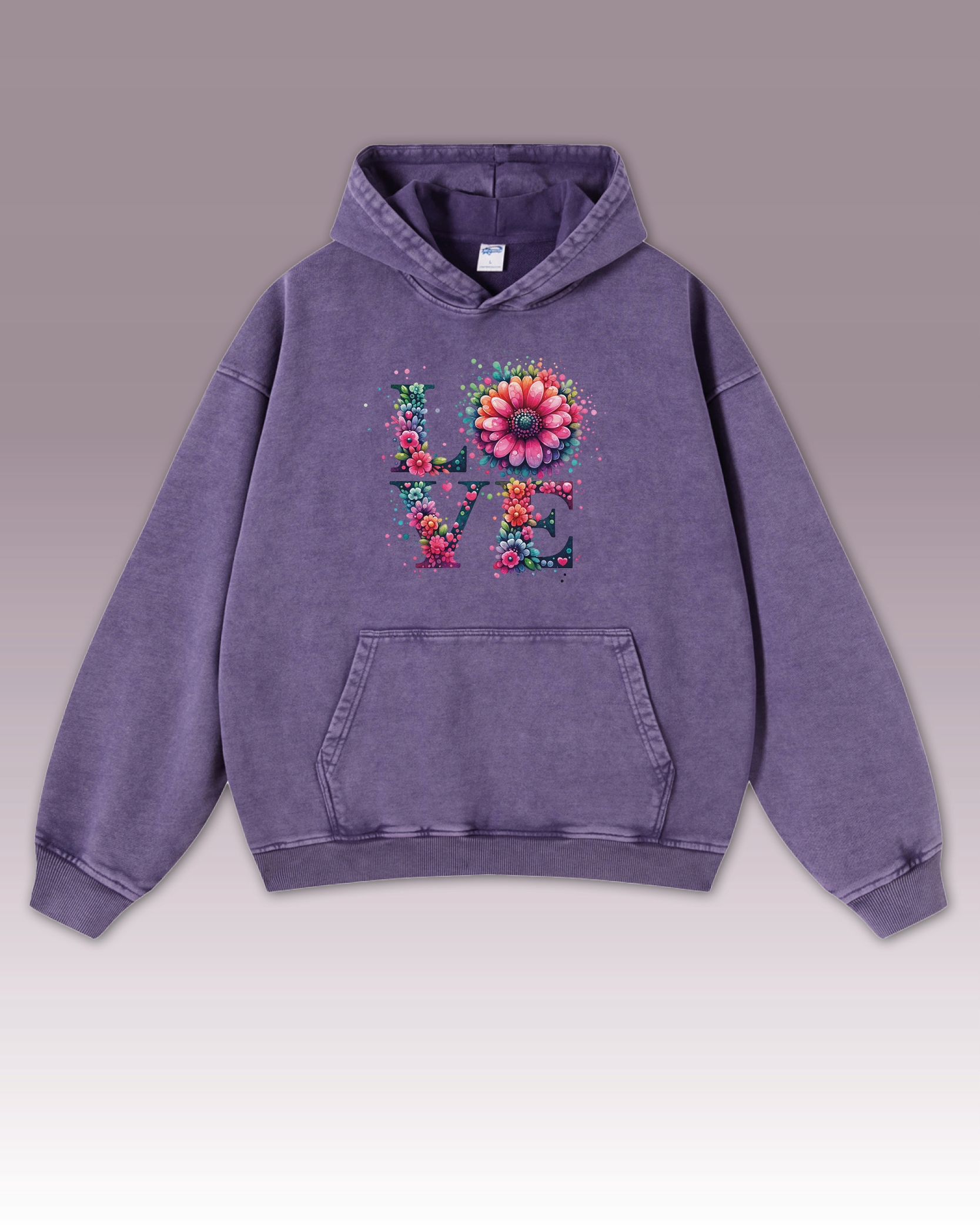 Mikina s nápisem Love Květinový motiv Boho barvy Láska Fialová M