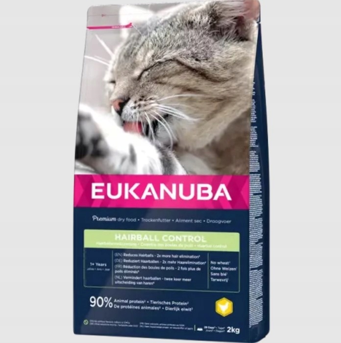 Eukanuba Adult Hairball Control krmivo pro kočky eliminuje vlasové kuličky o hmotnosti 10 kg