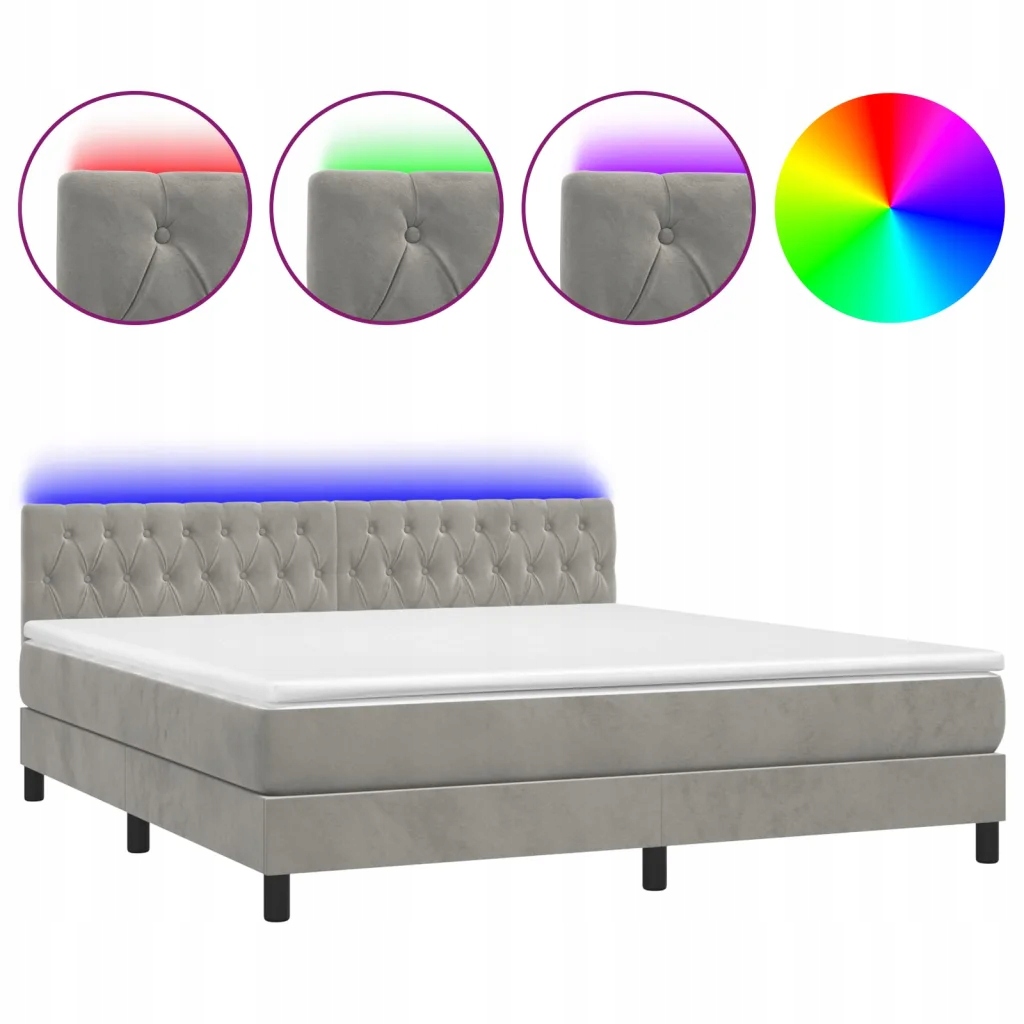 Kontinentální postel s matrací a Led diodami, světle šedá, 203 x 180 x 78/8