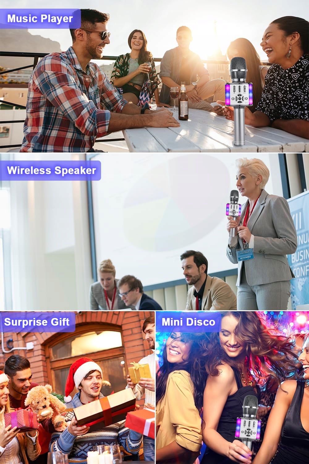 BONAOK Mikrofon Bluetooth Bezprzewodowy Dla Dzieci LED Karaoke Party Dom — miniatura 7
