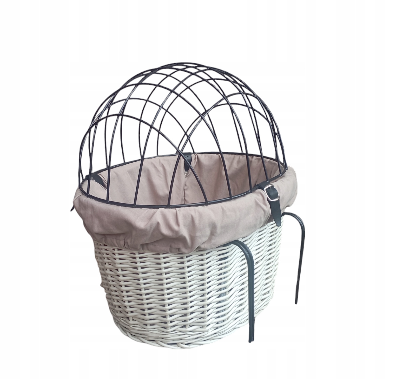 Biały koszyk wiklinowy na Rower z wkładem Transporter dla Psa do 10kg