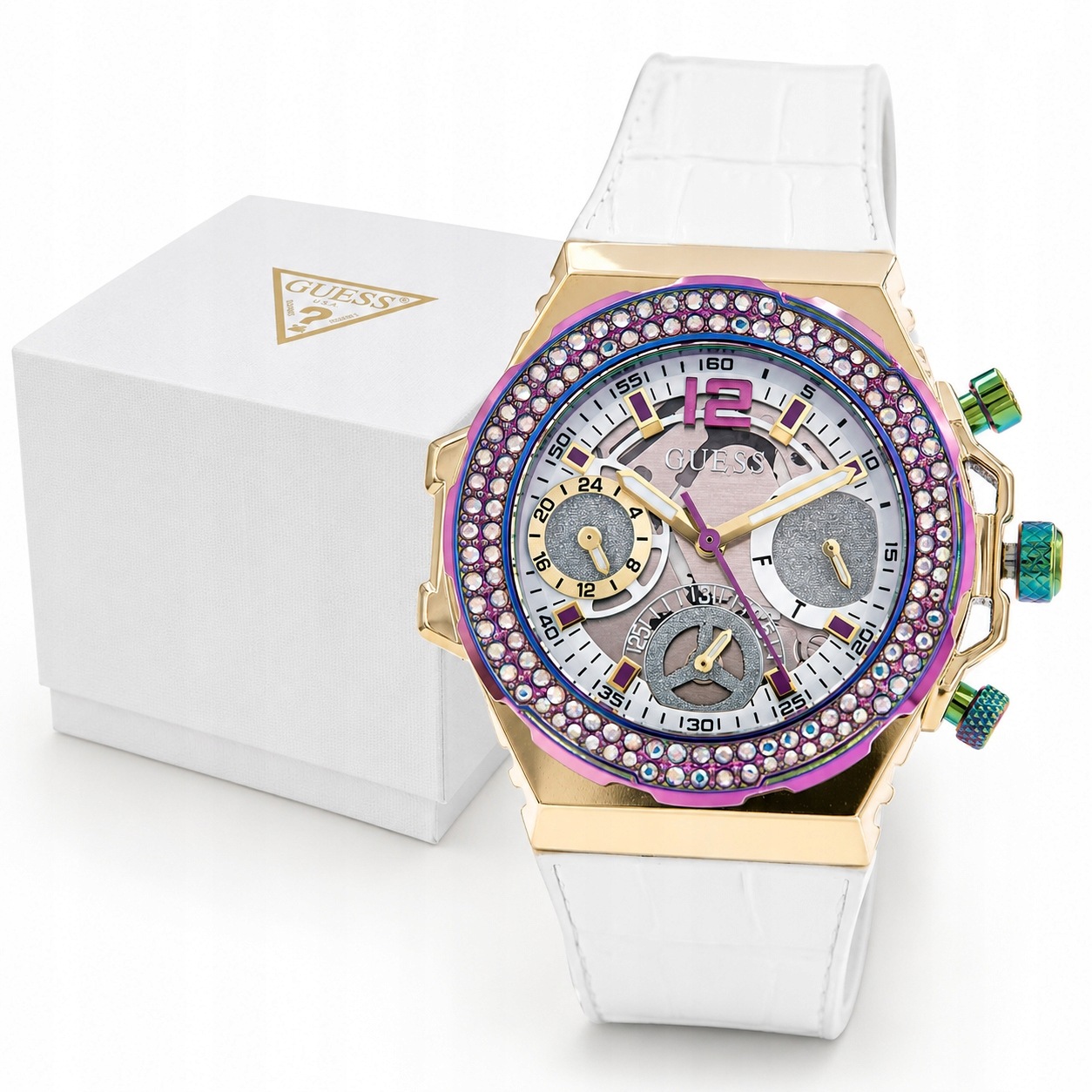 Zegarek Damski Guess Fusion GW0553L2 Na Białym Pasku Cyrkonie Mechanizm