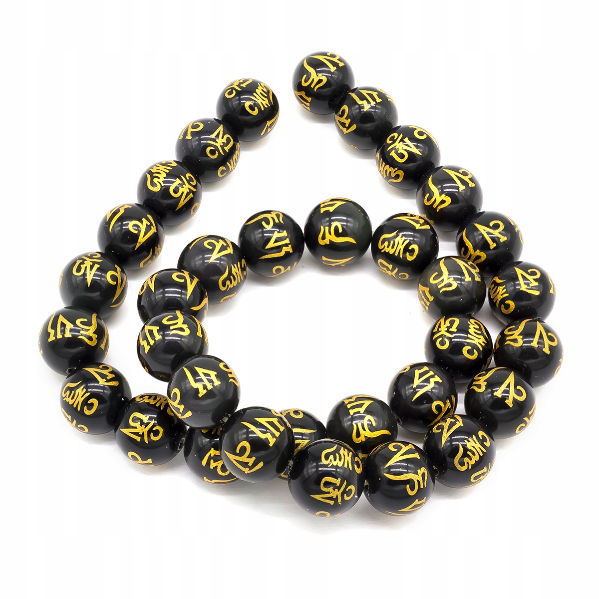 Korálky Přírodní Obsidián, Gravírovaný Om Mani Padme Hum 12mm, 30ks/38 Cm