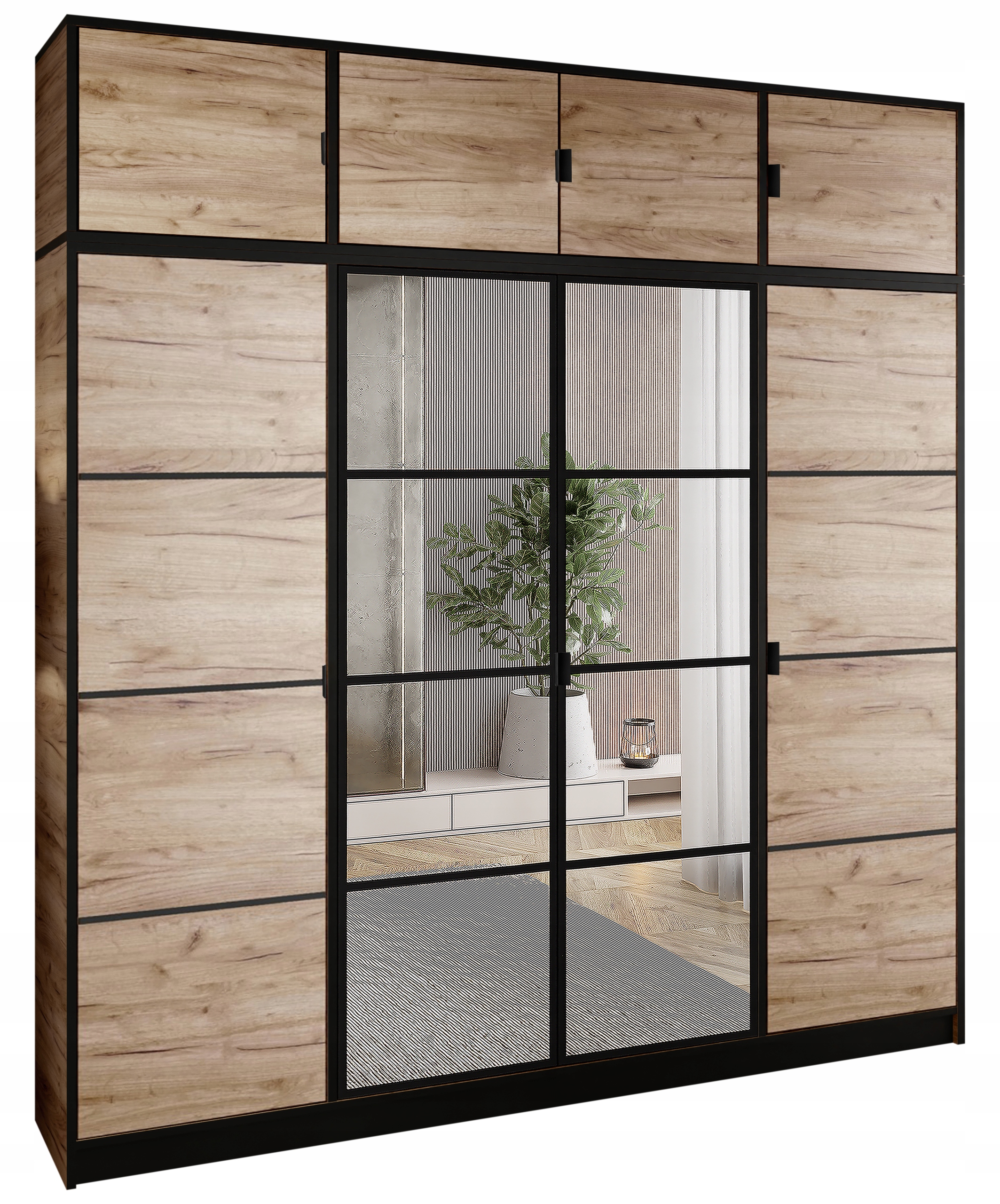 Skříň Lumi 207 4D Dub 2x zrcadla Eden, vzor 2, úchytka, část s přesahem