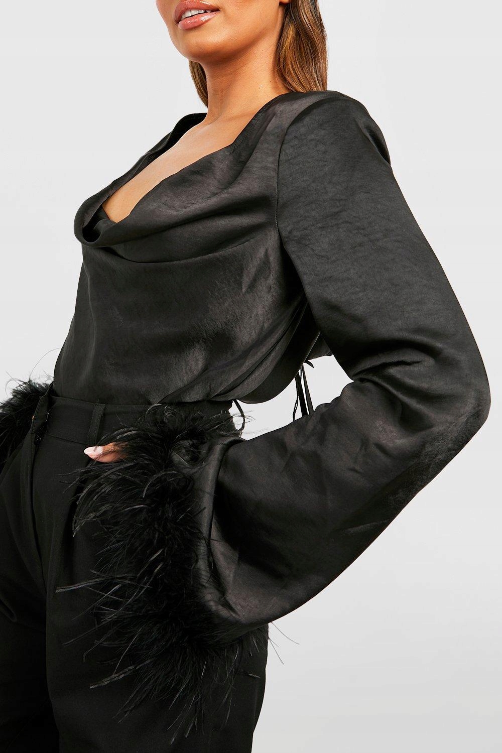 BOOHOO CZARNE SATYNOWE BODY ZDOBIENIE PIÓRA 4BA NG2__XL Rozmiar XL