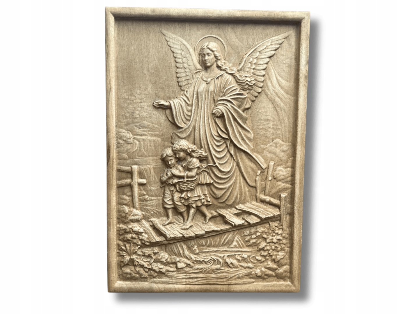 Drewniany obraz Anioł Stróż z dziećmi na chrzest komunie na ścianę