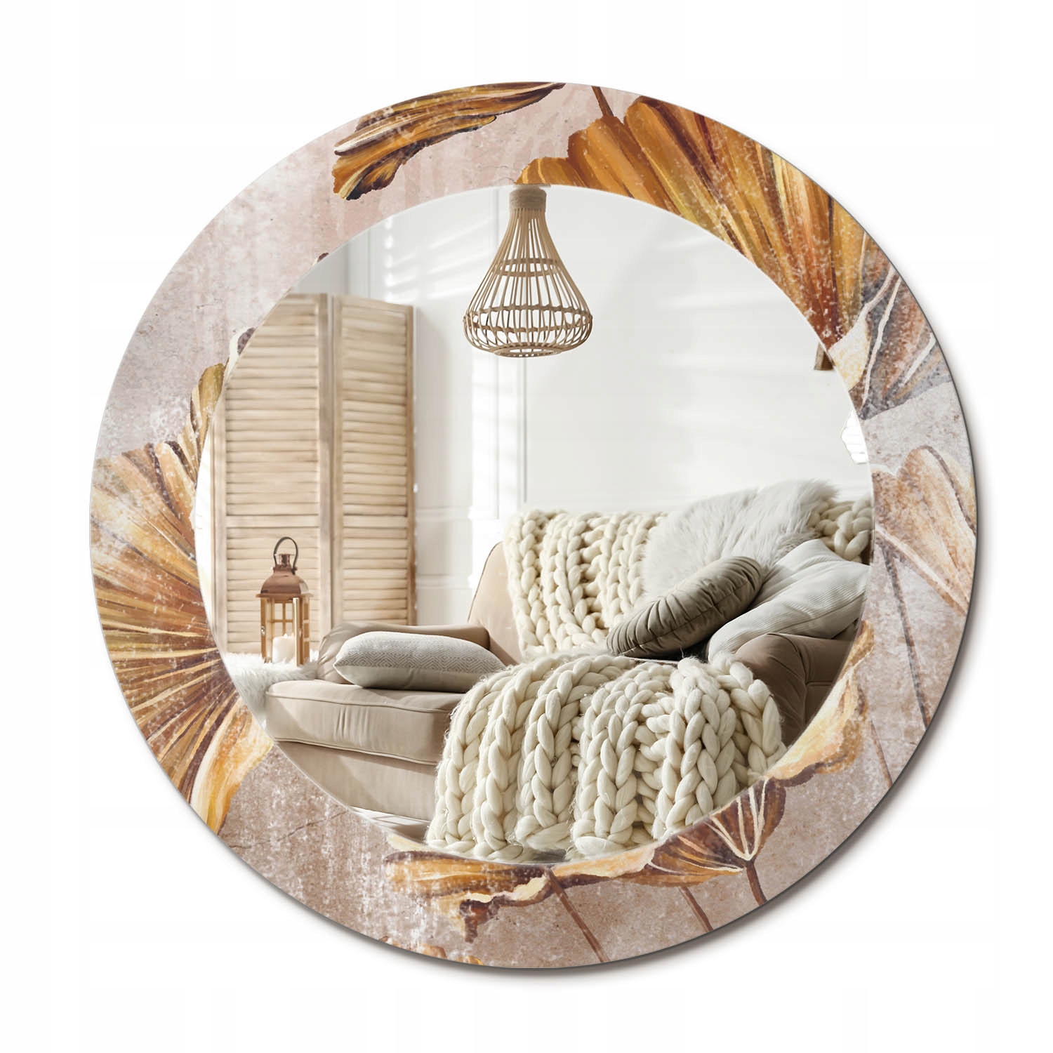 Okrúhle ozdobné zrkadlo na zavesenie na stenu v dome Boho listy fi 60 cm