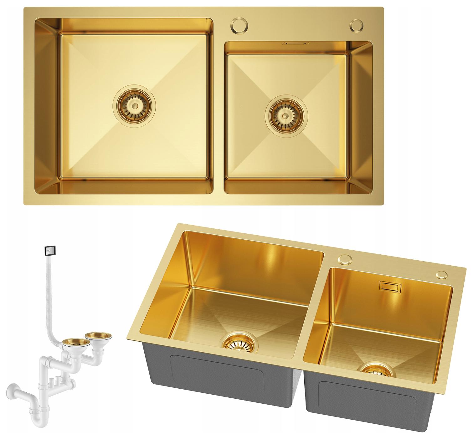 Oceľový 2-komorový zlatý drez do kuchyne 78x45 cm, sifón