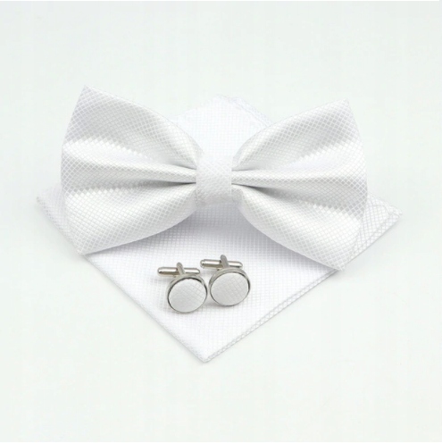 Piękna MUCHA + SPINKI + POSZETKA muszka biała