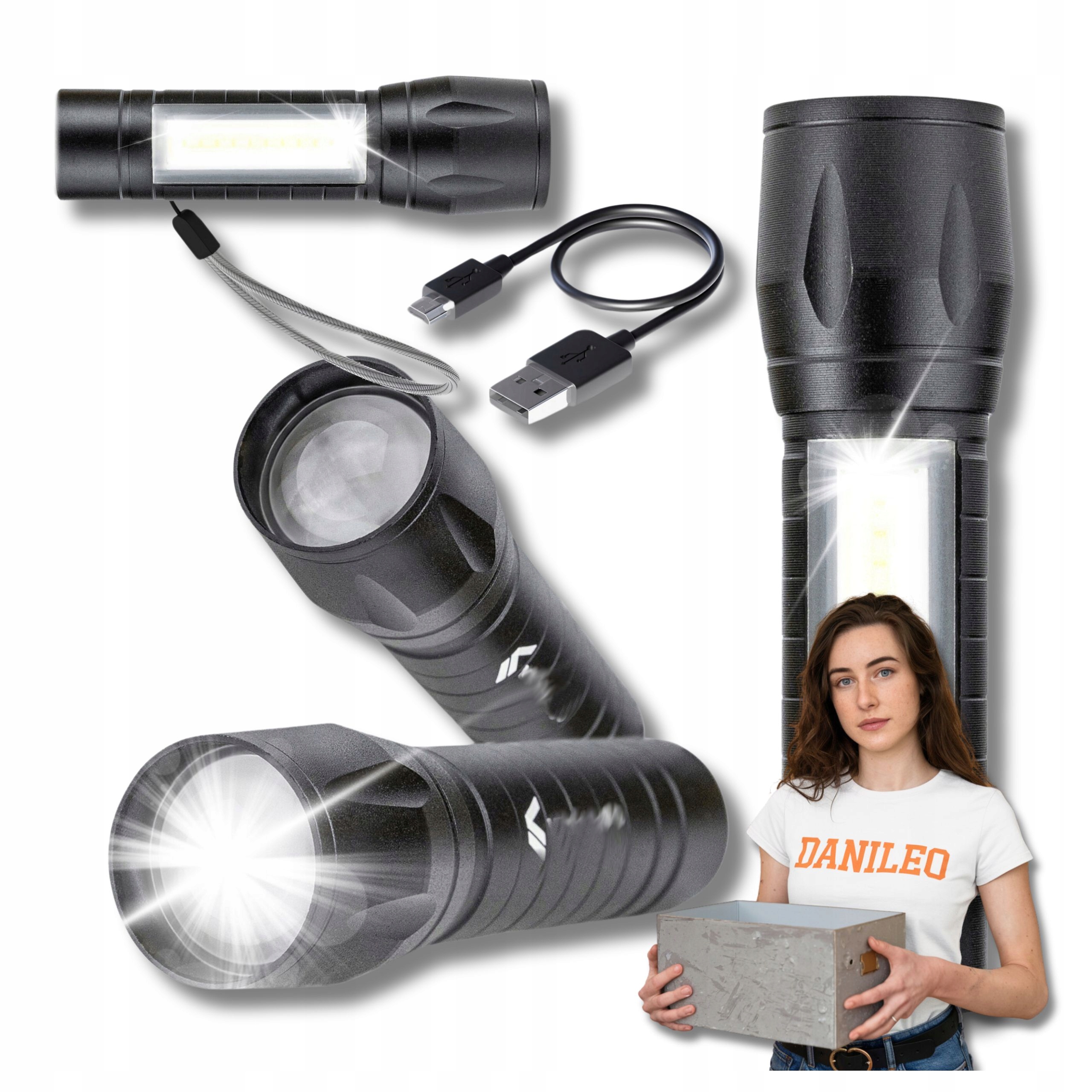 Latarka Taktyczna Mocna Led Cob Usb 6500K Wojskowa Akumulatorowa Ładowana