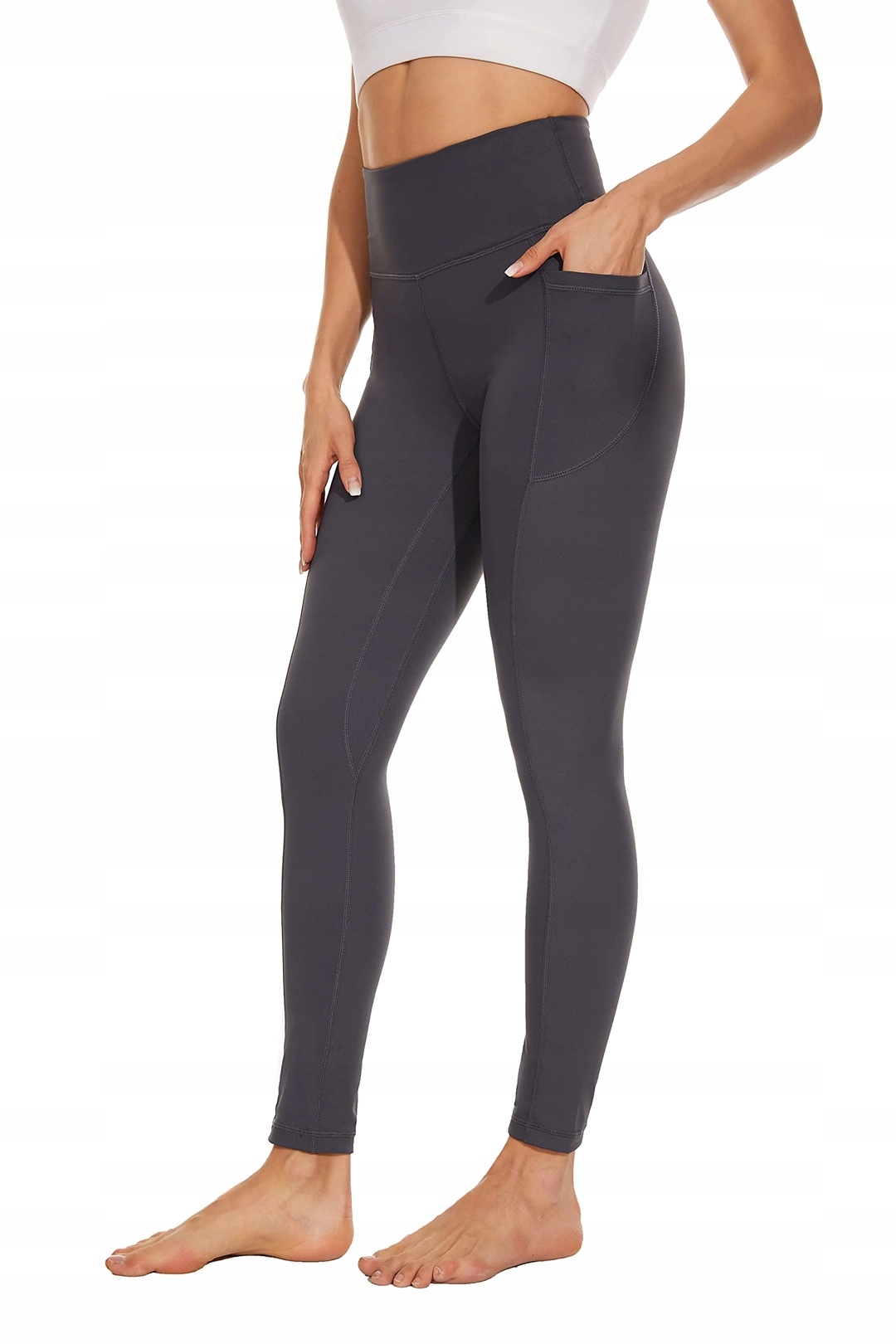 Legginsy Fba wysoki stan dla kobiet getry sport siłownia kieszenie szare S