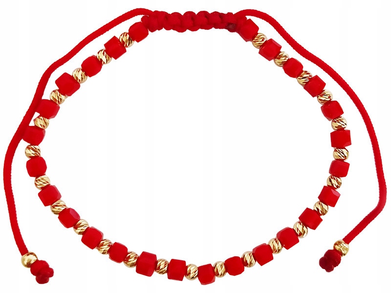 Zlatý náramek 585 na červeném provázku s kostkami a zlatými kuličkami 14k