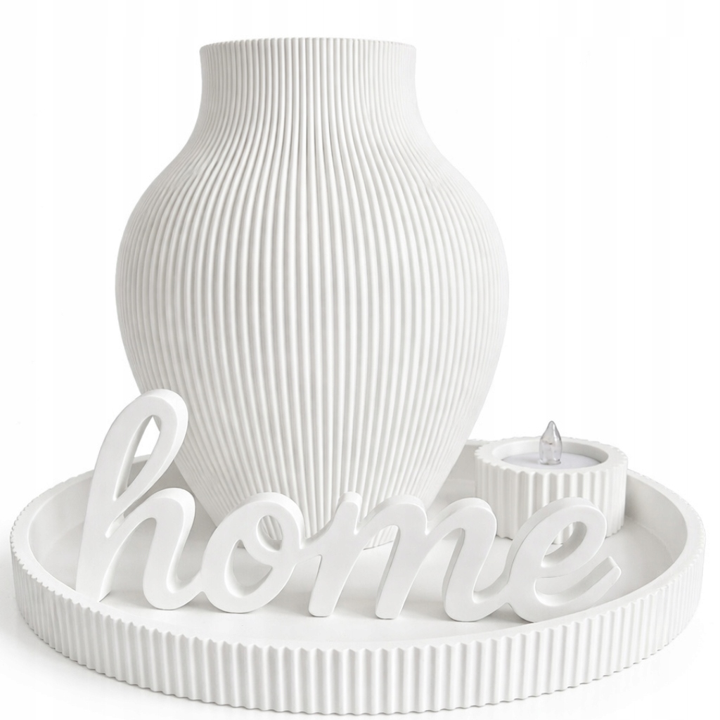 Biały Zestaw Dekoracyjny Japandi Wazon Taca Tealight Napis Home