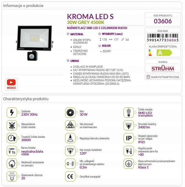 Naświetlacz lampa LED KROMA 30W + czujnik ruchu NW Temperatura barwowa 4500 K