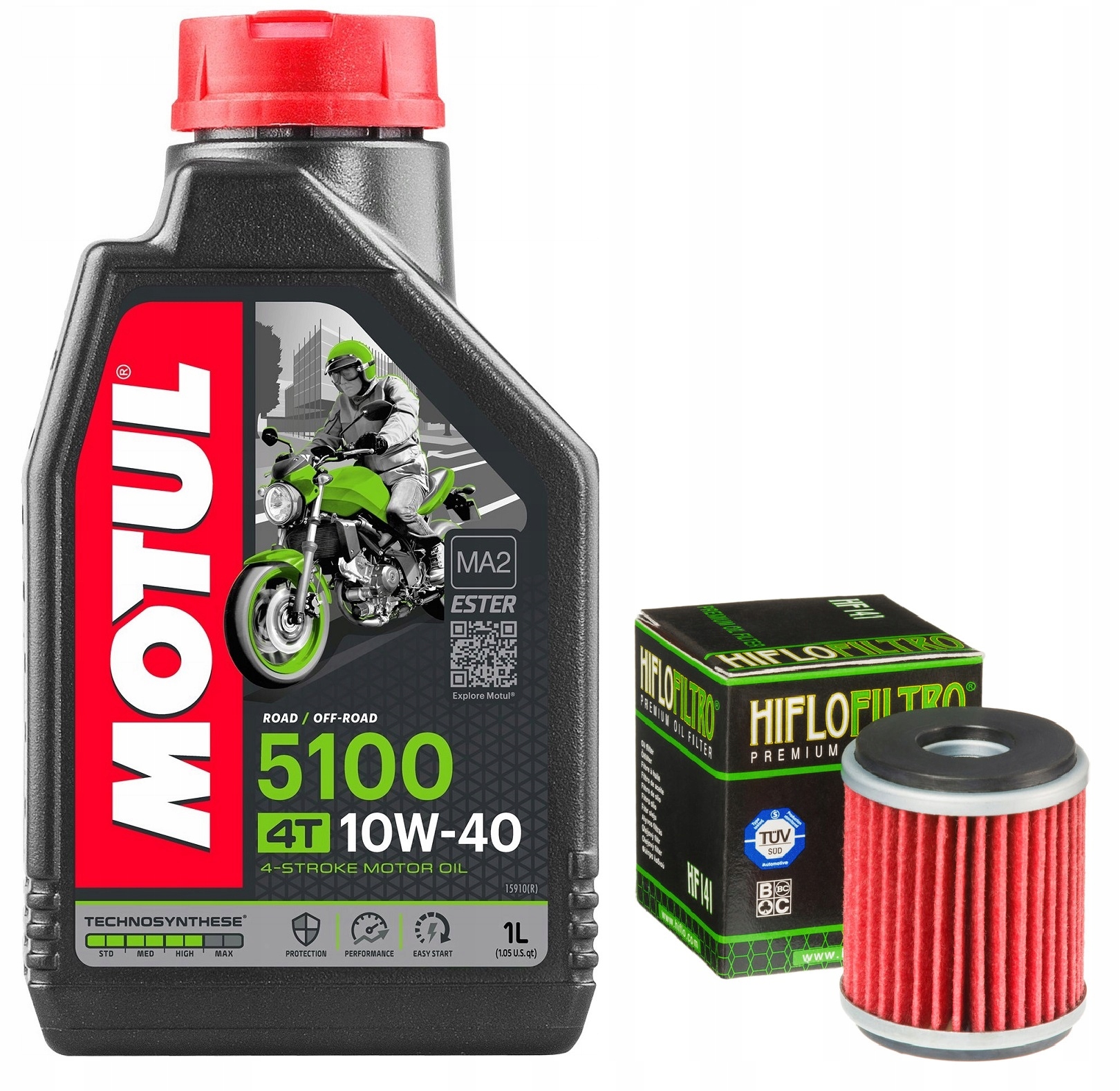 Olej Motul 5100 10W40 1L. Filtr HF141, Yamaha WR125 R/x, 09-16r.