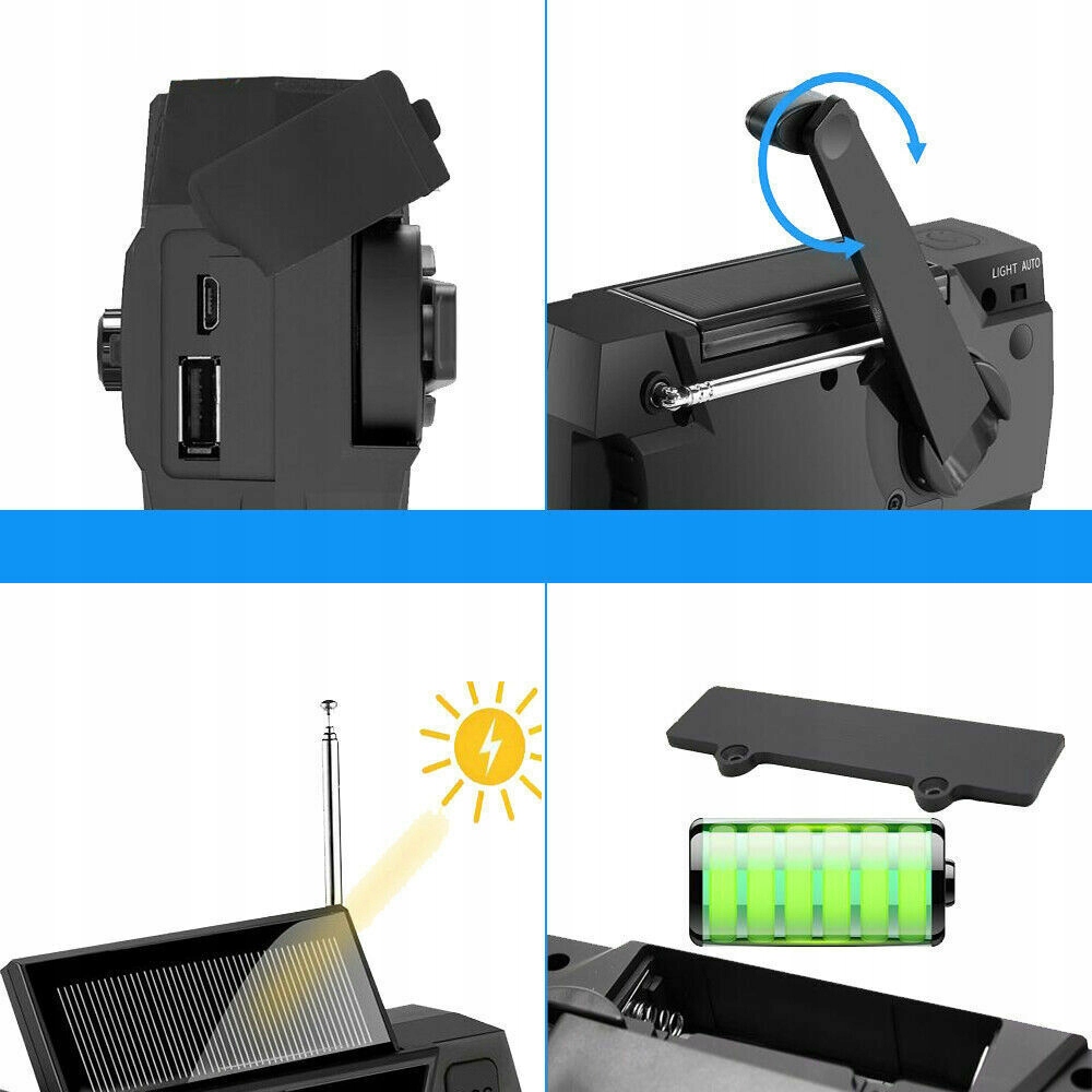 RADIO SOLARNE, PRZENOŚNE RADIO Z KORBĄ, DYNAMO Z AM/FM, LATARKA LED Liczba trybów 3