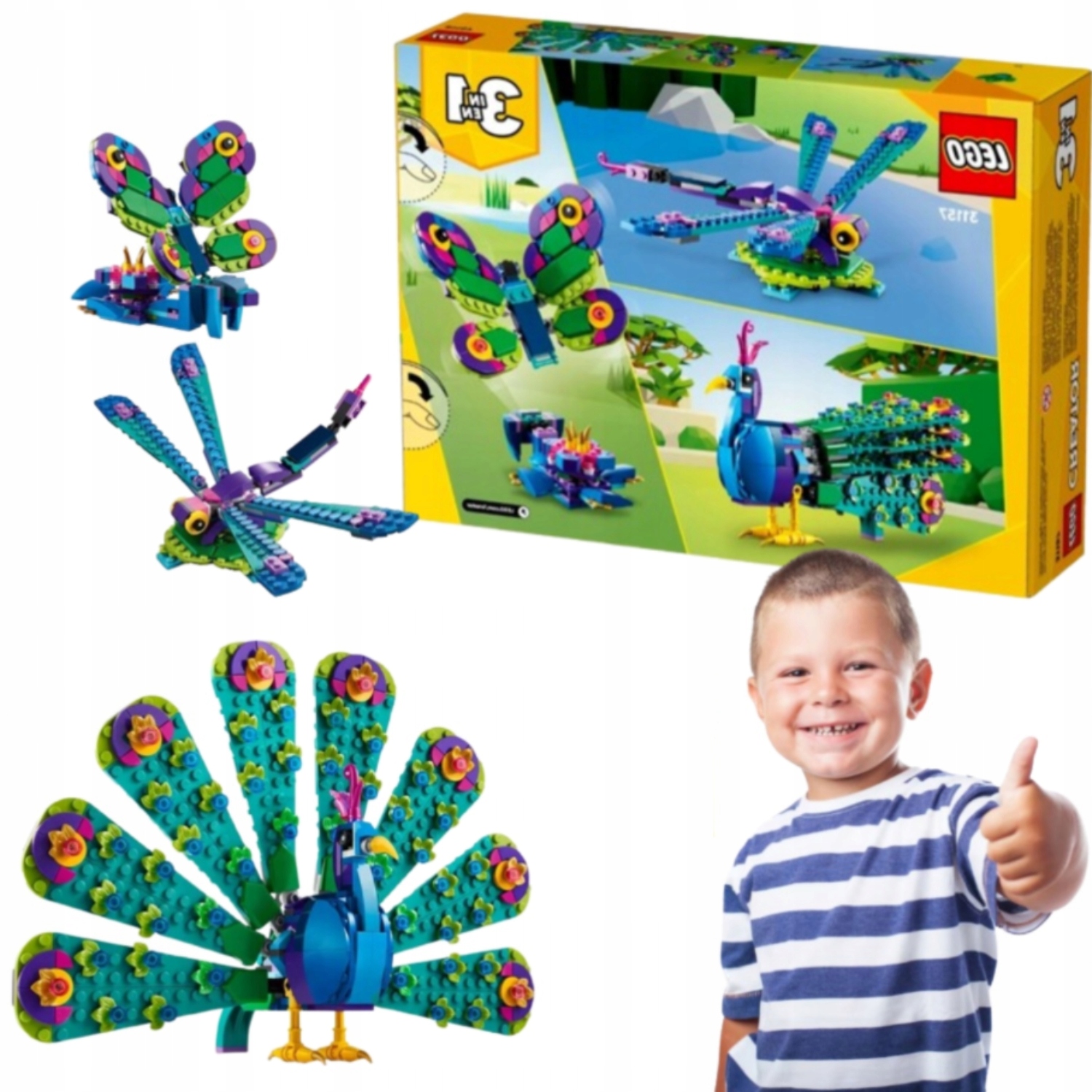 Lego Creator 31157 Egzotyczny Paw Ważka Motyl 3W1 355 Elementów Zwierzęta