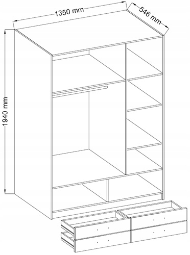 Szafa garderoba z półkami szuflady ESTELLA 135 BUK Kod producenta 35STBE01