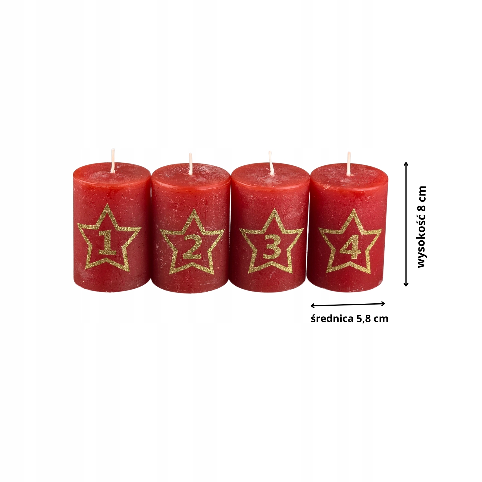 Świece ozdobne walec czerwony 4-pak, 8 cm, Ø 5,8 cm, czas paleni 24h
