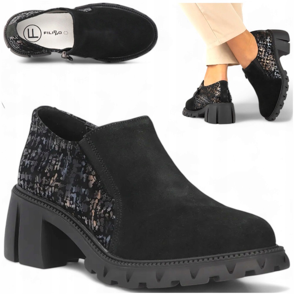 Kožené polobotky 38 na podpatku Mokasíny Filippo pohodlné módní černé