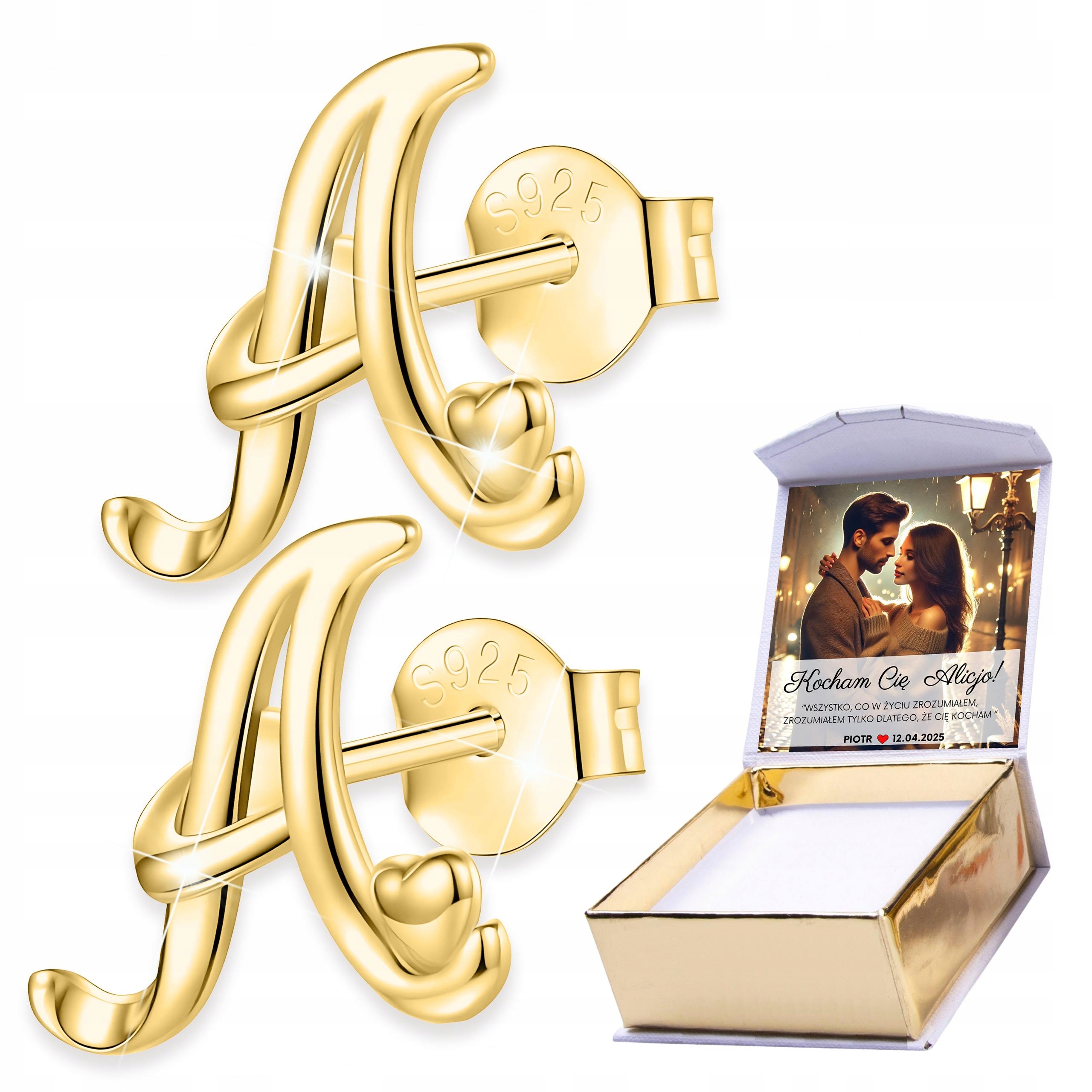 Zlaté Náušnice 925 s písmenem a srdíčky Iniciály Písmeno A Potisk