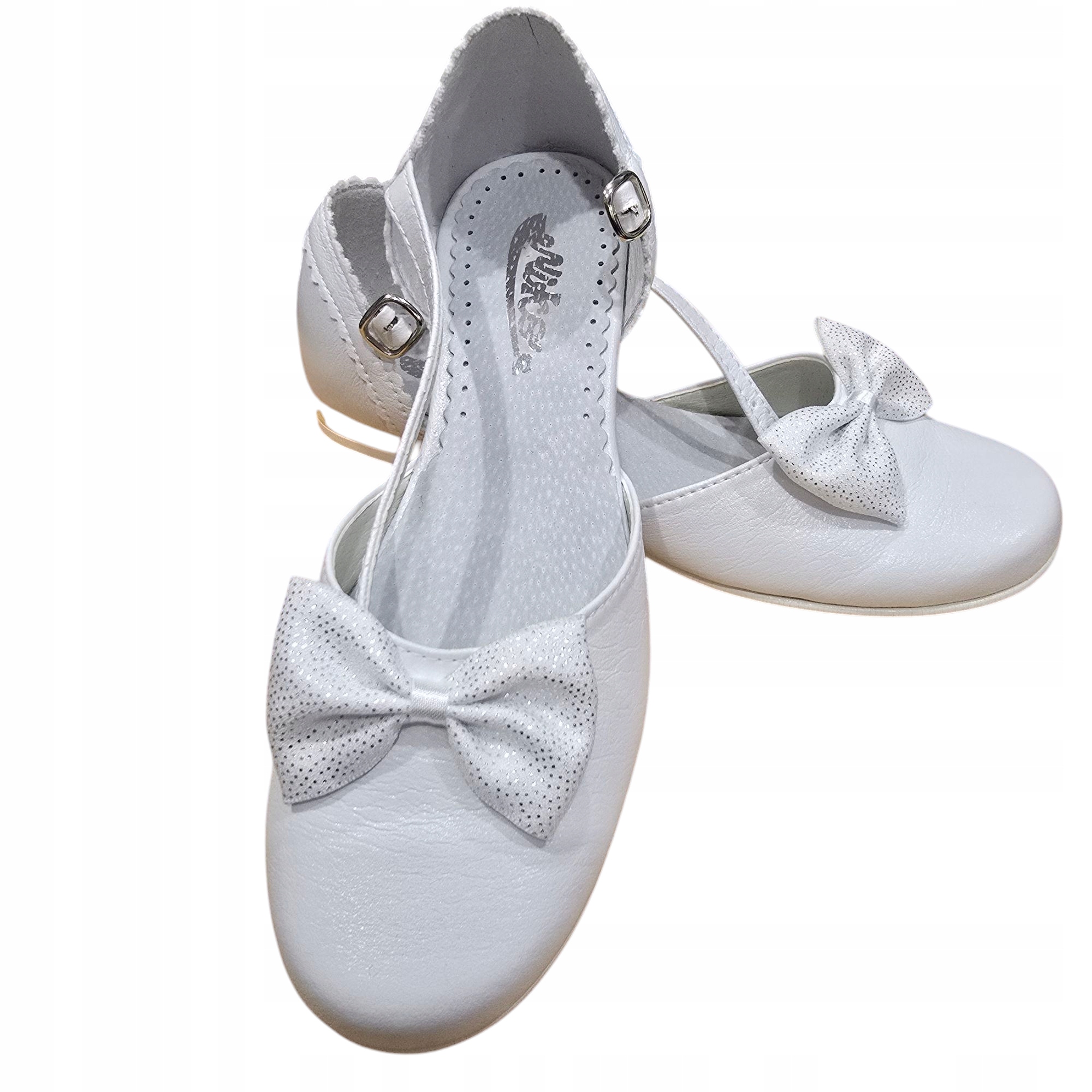 Miko 602 Buty komunijne dziewczęce białe balerinki zapinane z kokardką 35