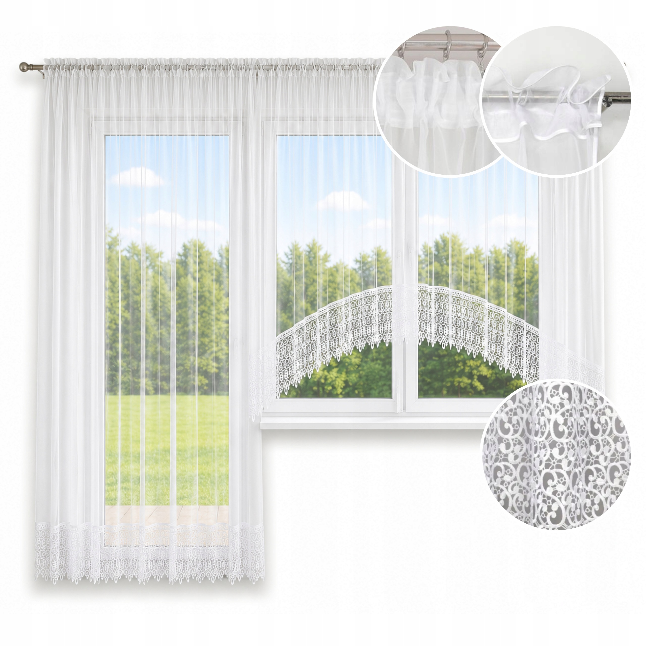 Komplet Záclony 400x160 200x230 na balkonové okno do bloku s guipurou 20 cm