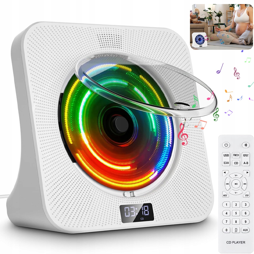 Přenosný Přehrávač CD Reproduktor Bluetooth 5.0 Rádio Bílý Aux Usb Fm MP3