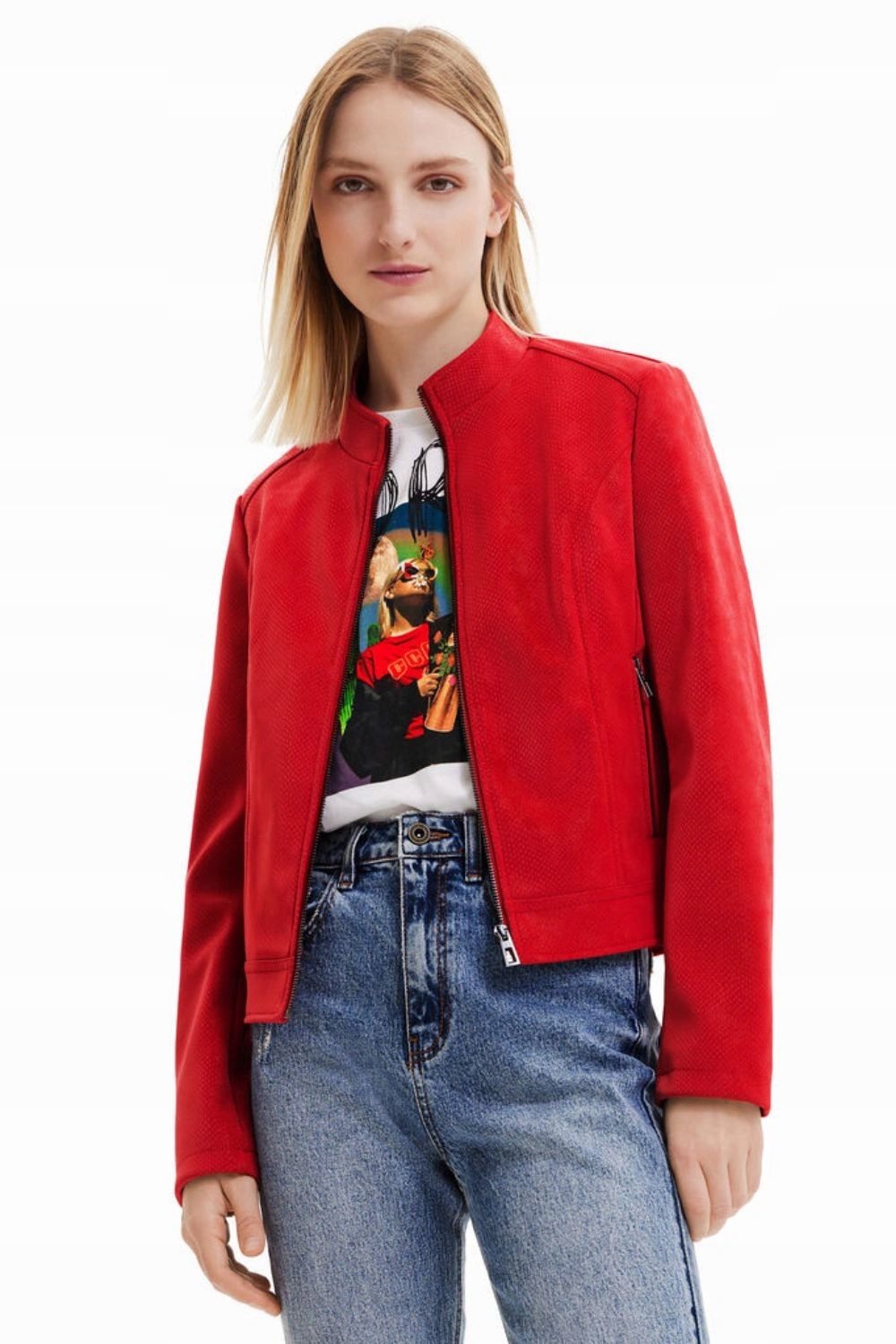 Dámská bunda Desigual semišová z eko kůže červená ramoneska vel.