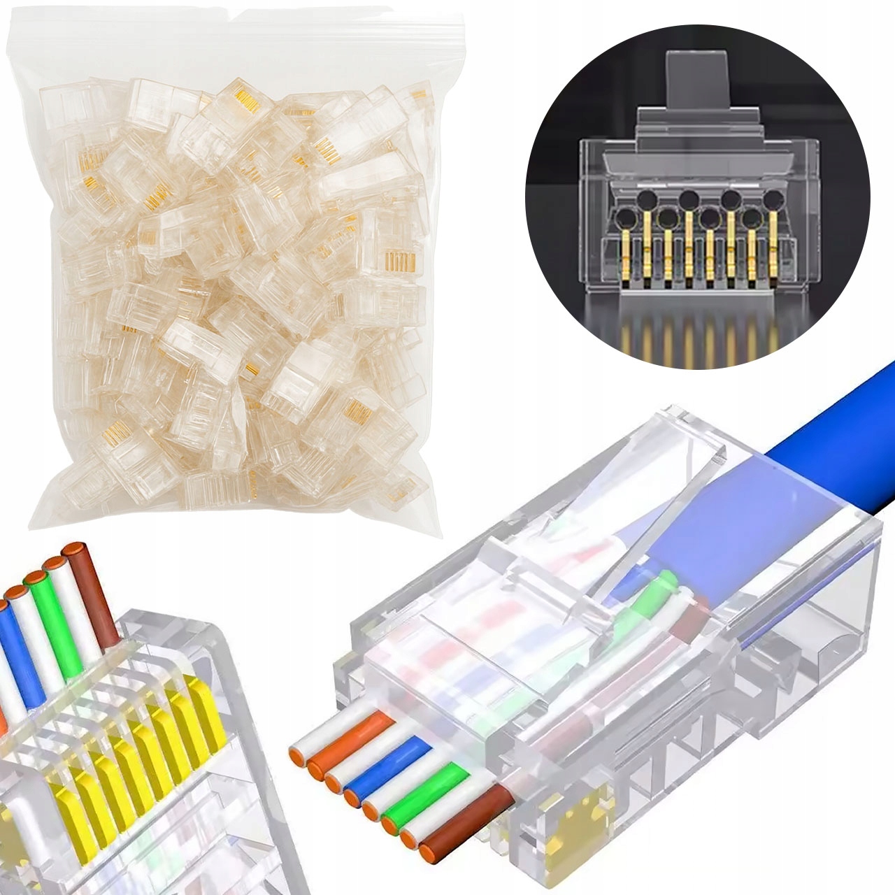 100 SZT WTYKI PRZELOTOWE RJ45 8P8C KAT. 6E UTP DO KABLI LAN PATCH PANEL