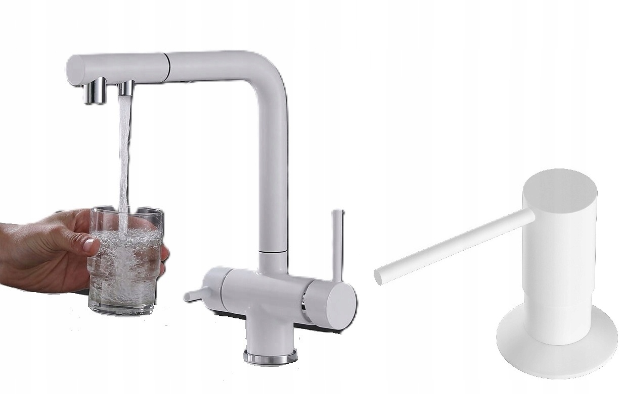 Trojcestná kuchynská batéria do filtra Biela Livra Ww výtok Dávkovač