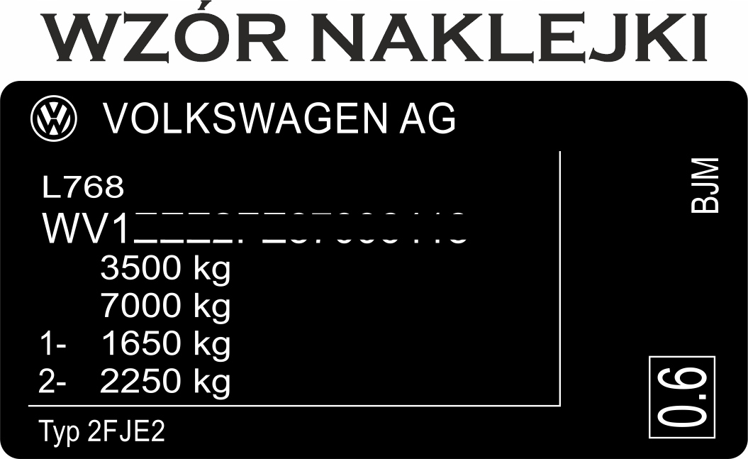 

Naklejka Znamionowa Volkswagen Tabliczka Zastępcza
