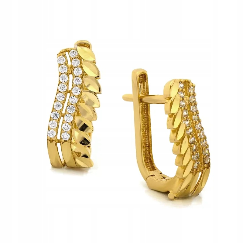 dámské náušnice ze zlata 585, vlnité lístky s bílými zirkony, dárek