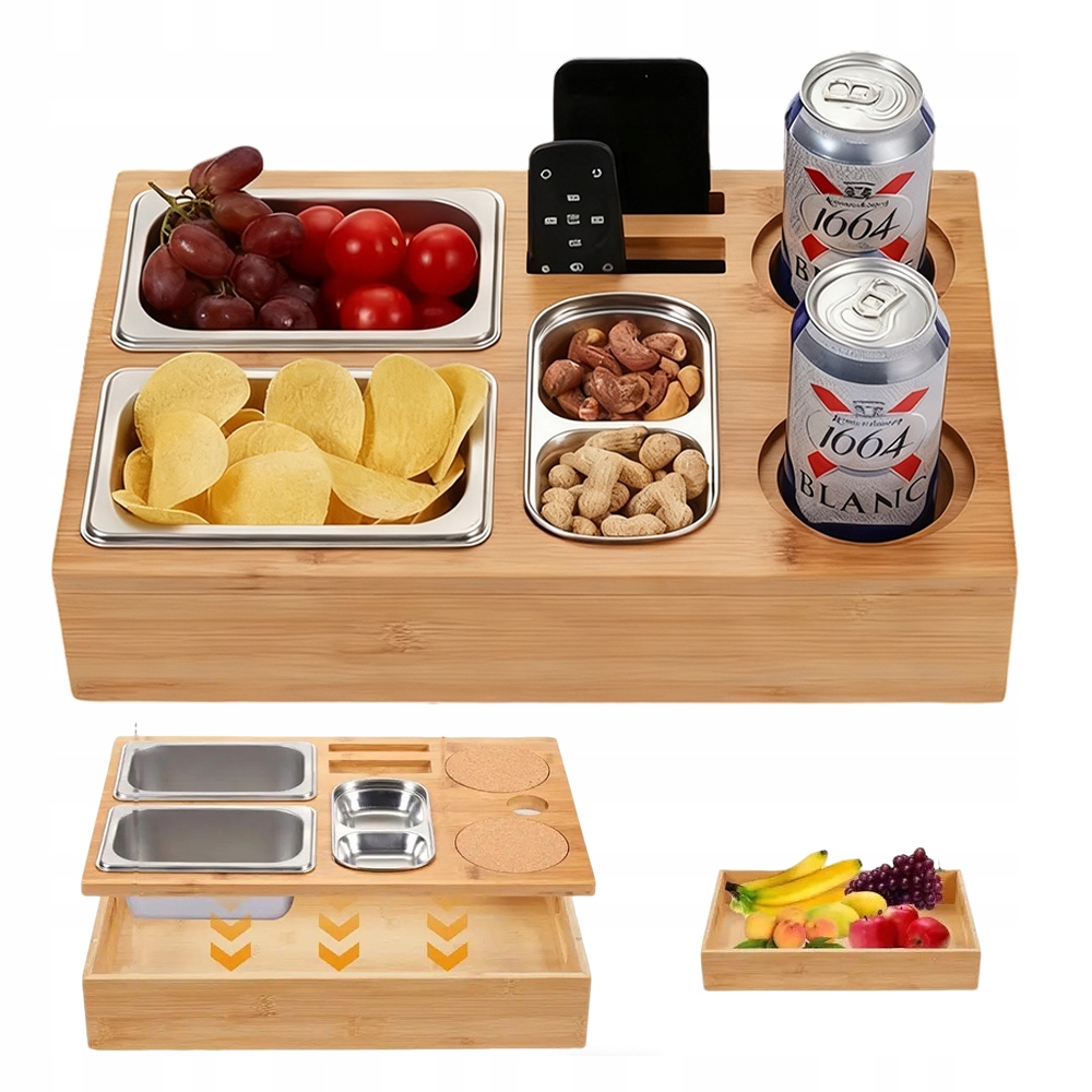 Nádoba má 3 misky z z nerezové oceli z bambusu pro nápoje a občerstvení