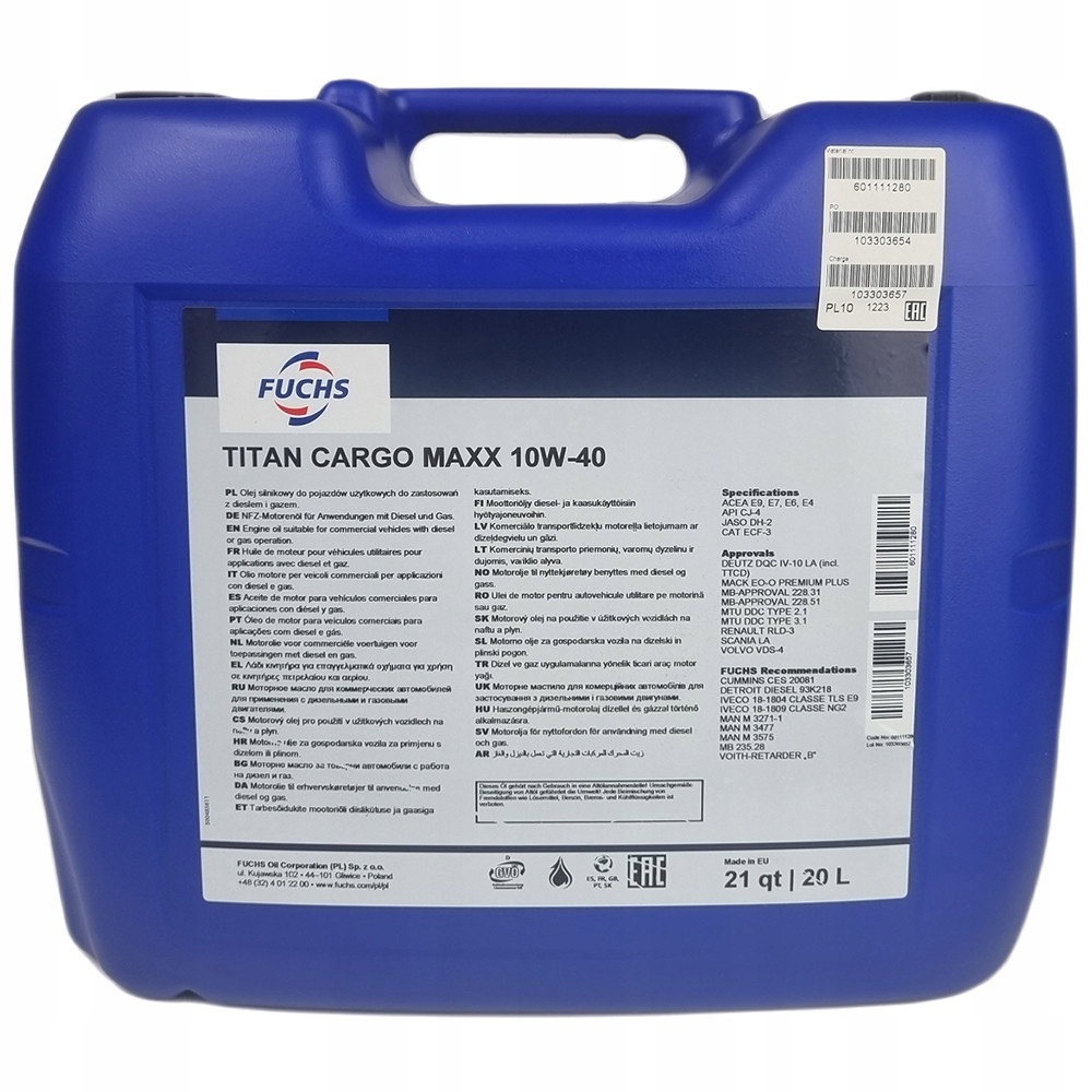 Olej Silnikowy Półsyntetyczny Fuchs Titan Cargo Maxx II 10W40 20L