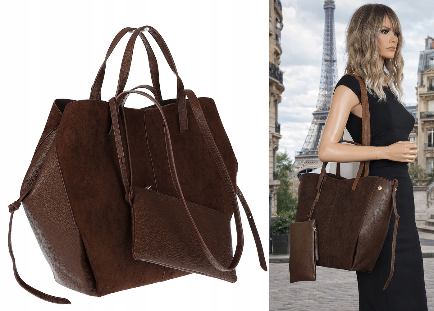 Torebka Damska Shopperka łódka Pojemna Duża A4 zamszowa R963B Czekoladowa