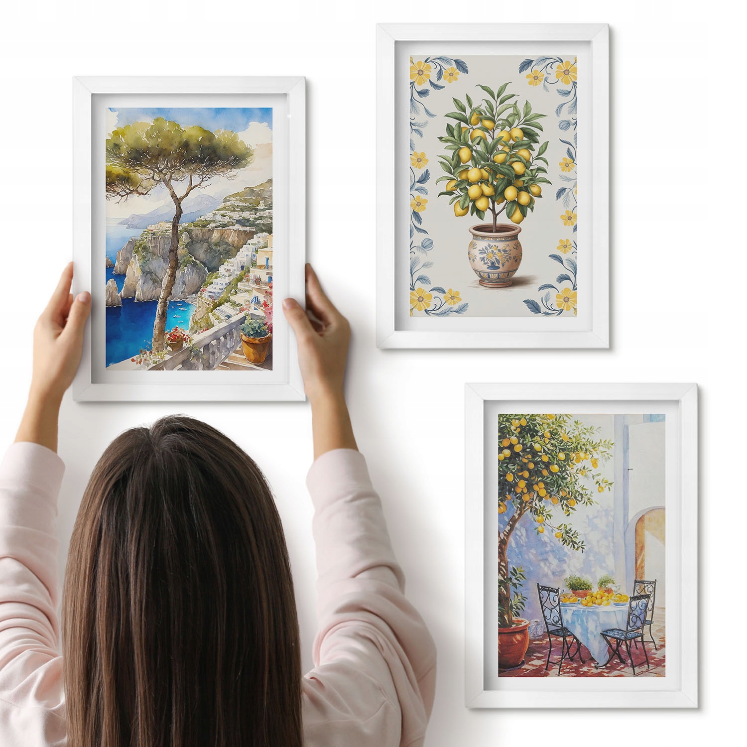 Sada 3 obrazů 20x30 cm do obývacího pokoje Triptych Moře strom citronové malby