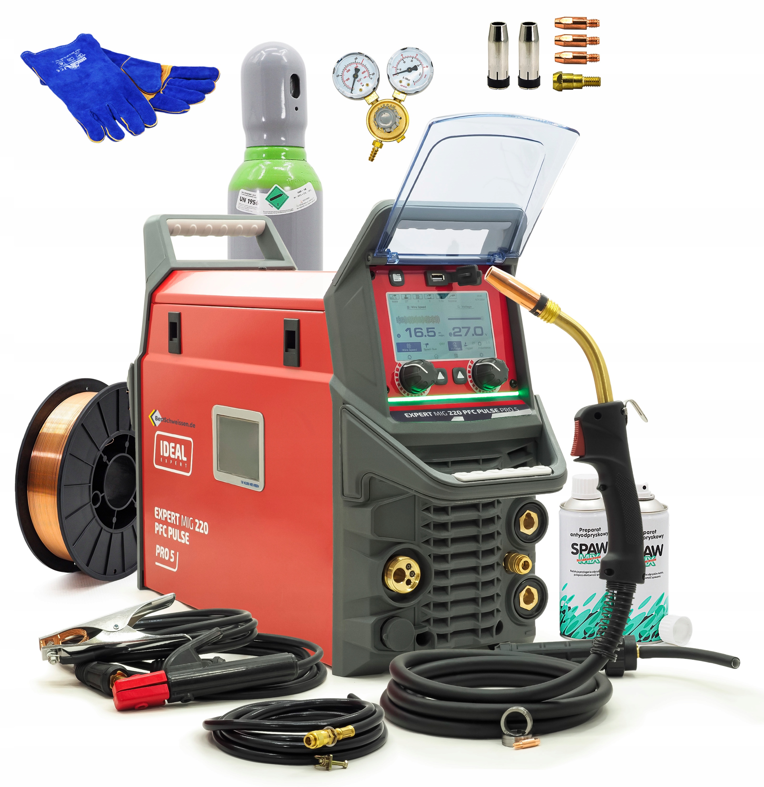 Zestaw Ideal Expert Mig 220 Pfc Pulse Pro5 LCD 200A Mma Tig Mig Butla SG2