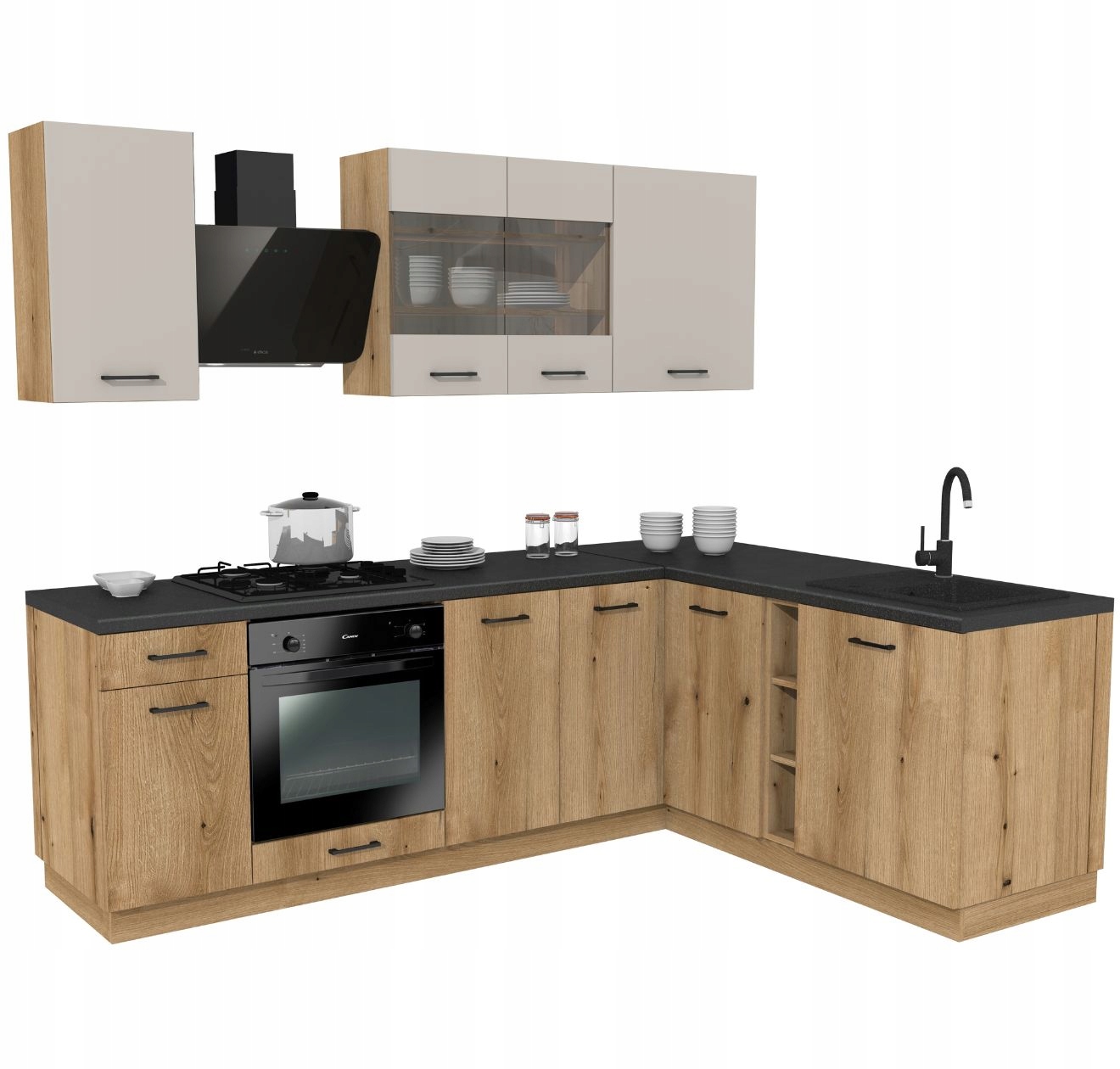 Kuchyňská sada Rohová kuchyně Capri 240/180 Dub Evoke a Kašmír s pracovní deskou