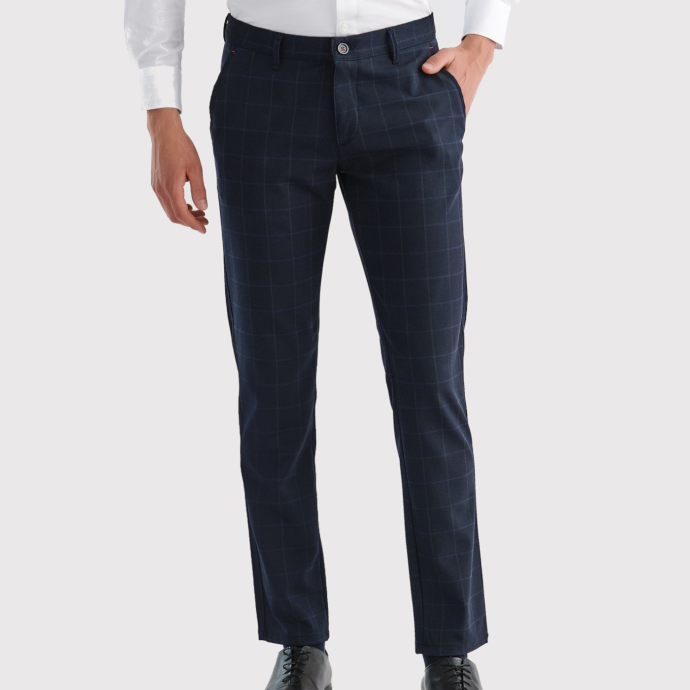 Modré pánské kalhoty s jemnou kostkovanou strukturou, klasické Pako Lorente, velikost W38, velikost L34