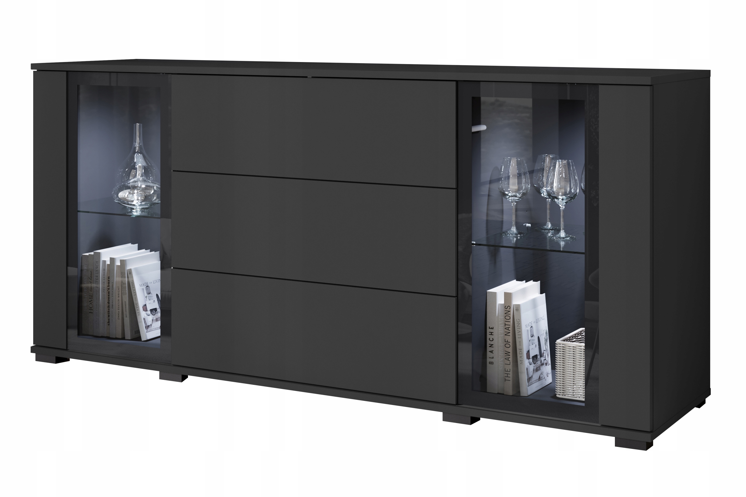 Komoda 150 cm do obývacího pokoje, vitrína s prosklenými zásuvkami, černá matná s Led