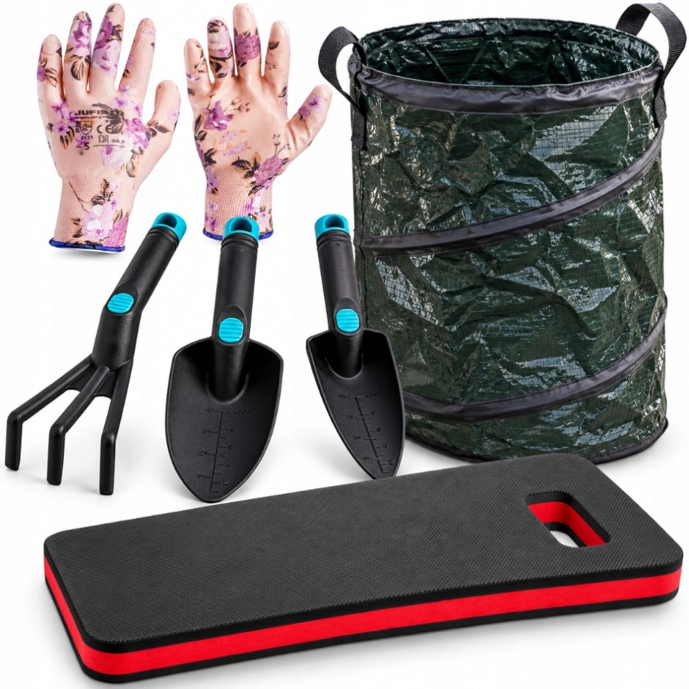 Sada na plenění zahrady, lopatky, hrábě, rukavice, koš pod kolena 85 l