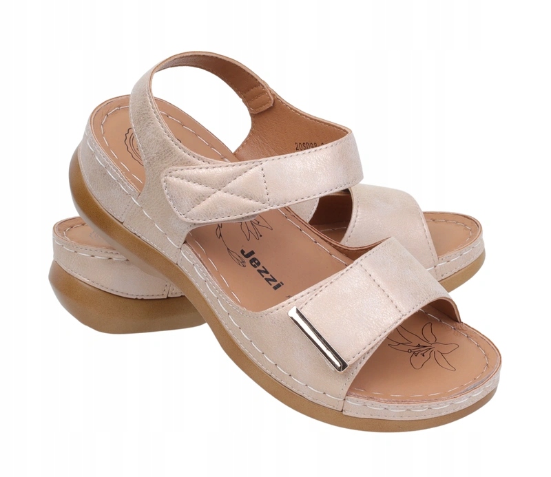 Beżowe sandały damskie komfortowe ortopedyczne na rzepy regulowane Jezzi