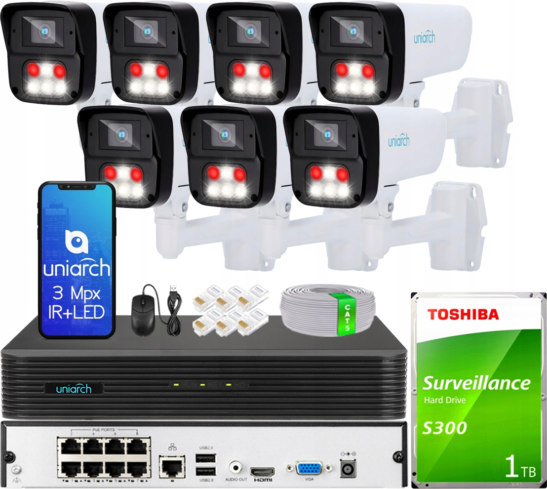 Zestaw Monitoringu IP 7 Kamer 3Mpx IR/LED Detekcja 4 Strefy Rejestrator 1TB