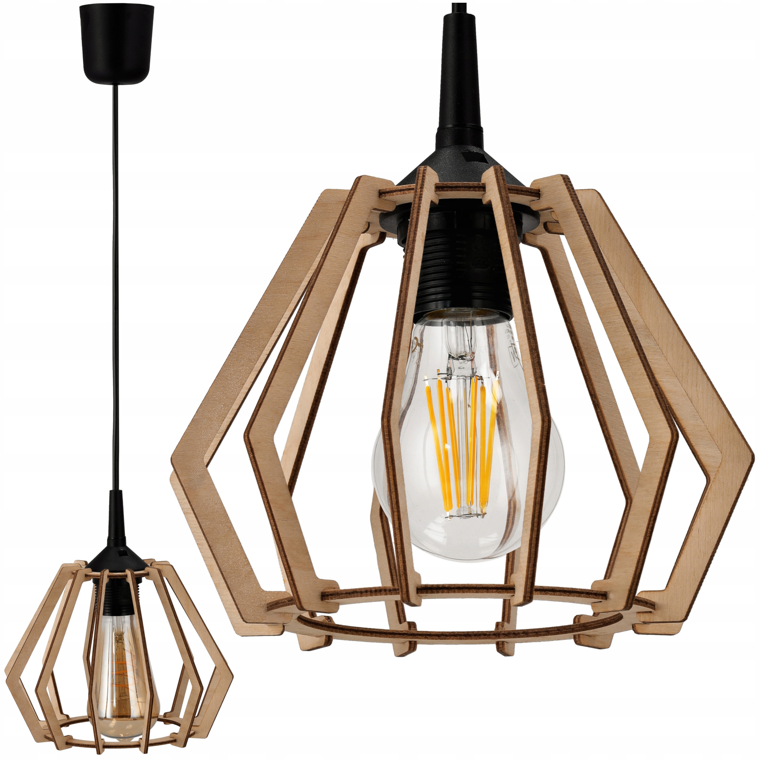 LAMPA SUFITOWA LED WISZĄCA DREWNIANA Z ZACZEPEM + Długi Regulowany Kabel