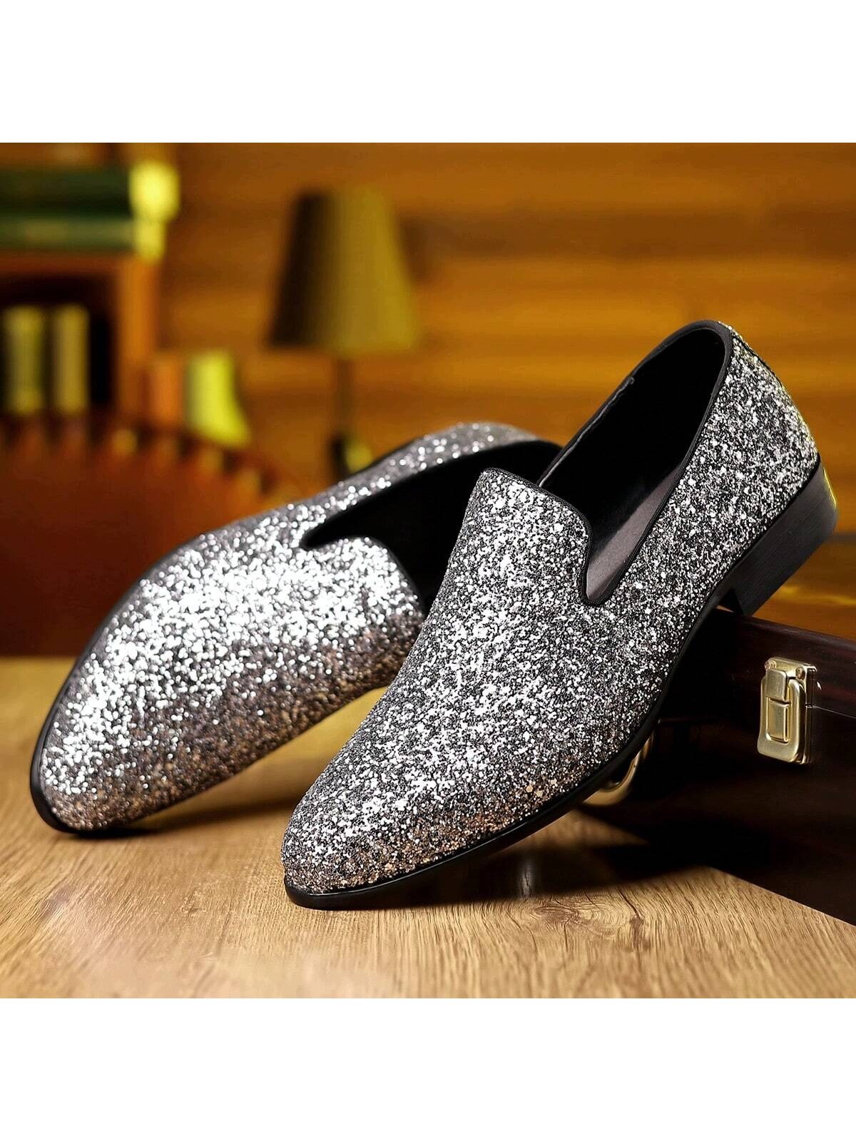 Pánské Stříbrné Třpytivé Mokasíny Lesklé, Elegantní Shein 45,5