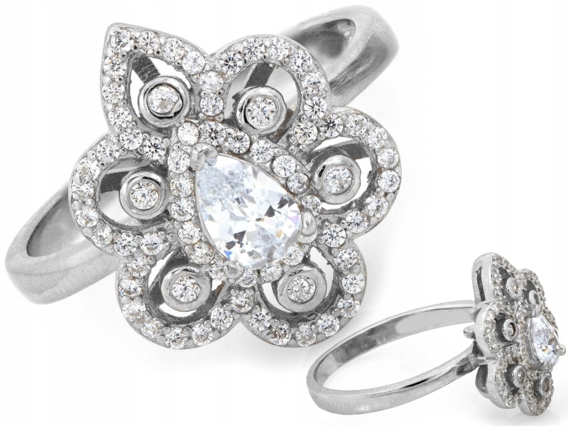 Stříbrný prstýnek 925 ažurový velký květ zirkony 3.8 g jako dárek r17