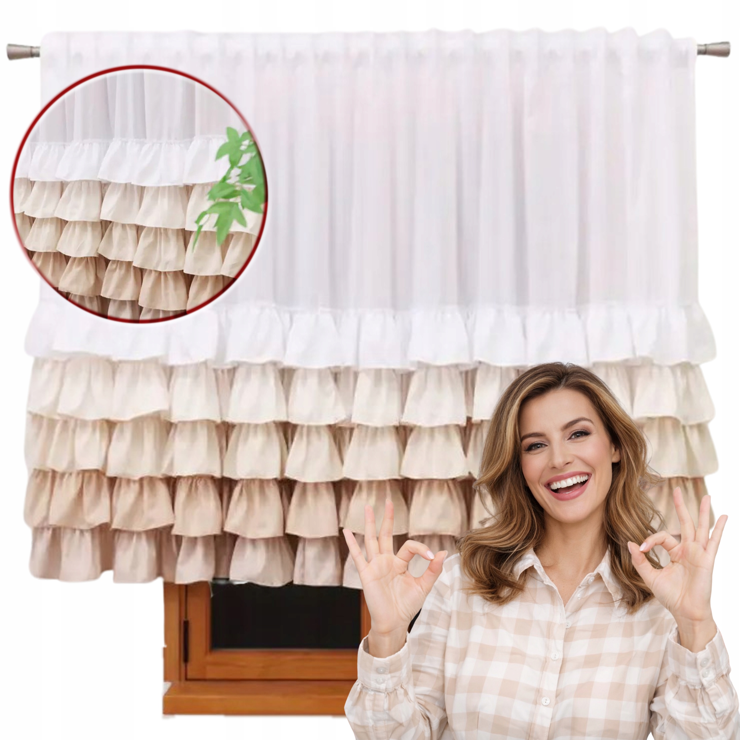 Firana Gotowa Z Beżowymi Falbankami Na Taśmie Tunel Żabki 300x130 Prosta